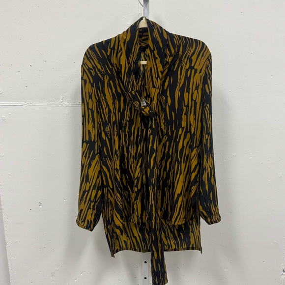 COS 100% Silk Zebra Print Tunic Top Neck Tie Sz 8 Black Tan
